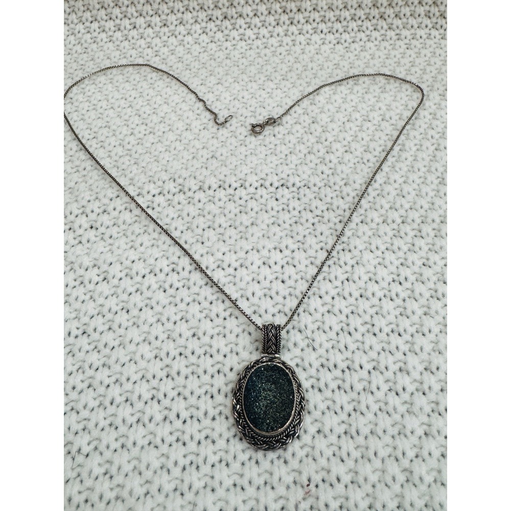925 Sterling Silver 20" Dark Green Druzy Style Oval Pendant Necklace